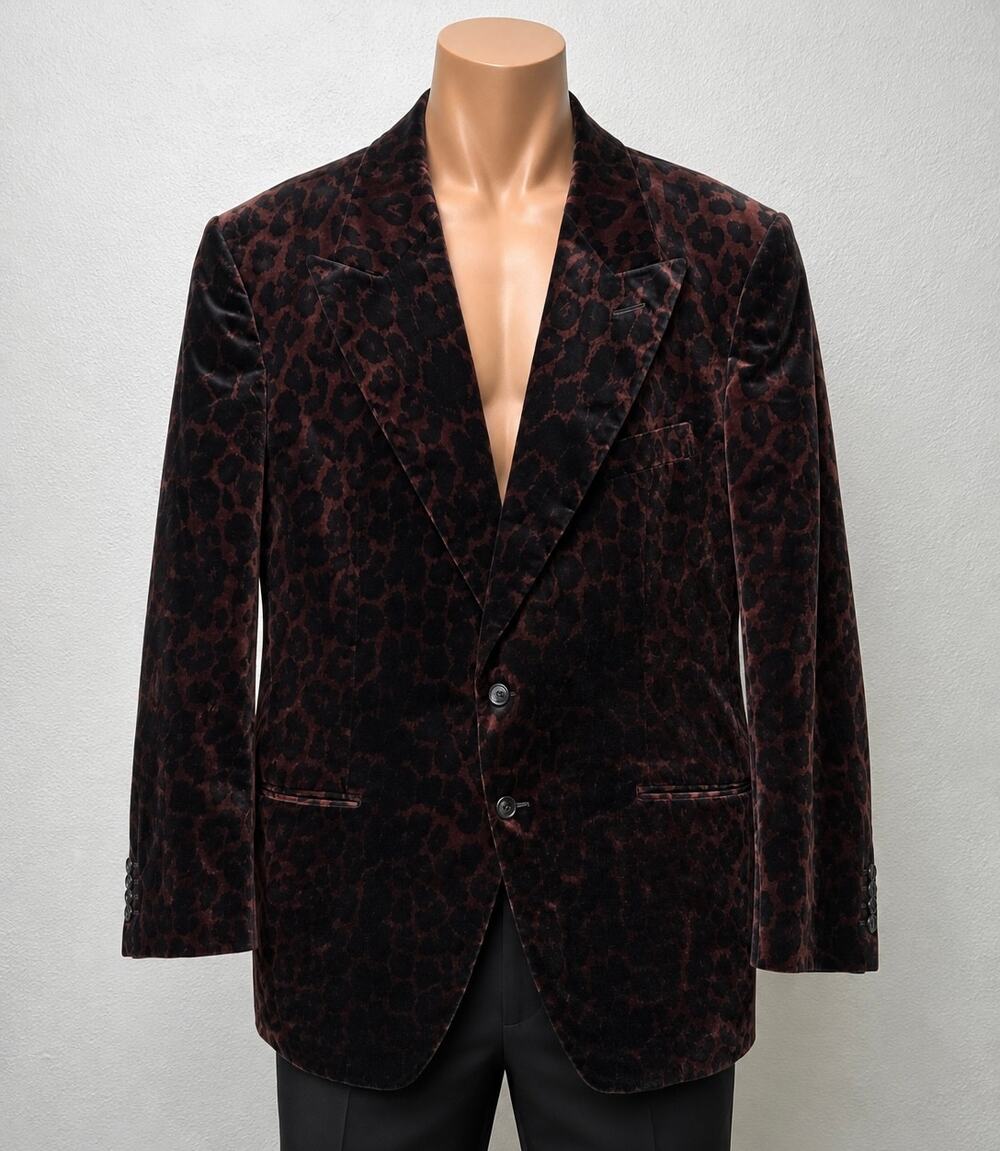 Tom Ford Leopard Print Velvet Blazer Cocktail Jacket Brown Black Men's US 48R